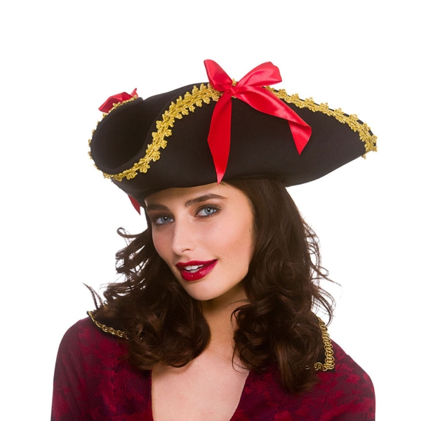 Women's Fancy Dress Tricorn Pirate Captain Hat Black Or Grey Hook Hen Night Fun 